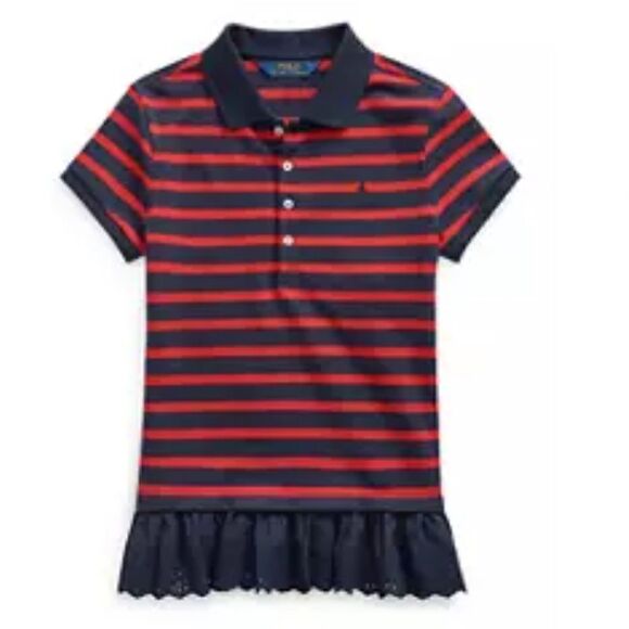 POLO Ralph Lauren Girls Red Blue Stripe Eyelet Stretch Short Sleeve Polo XL 16 - Picture 1 of 12